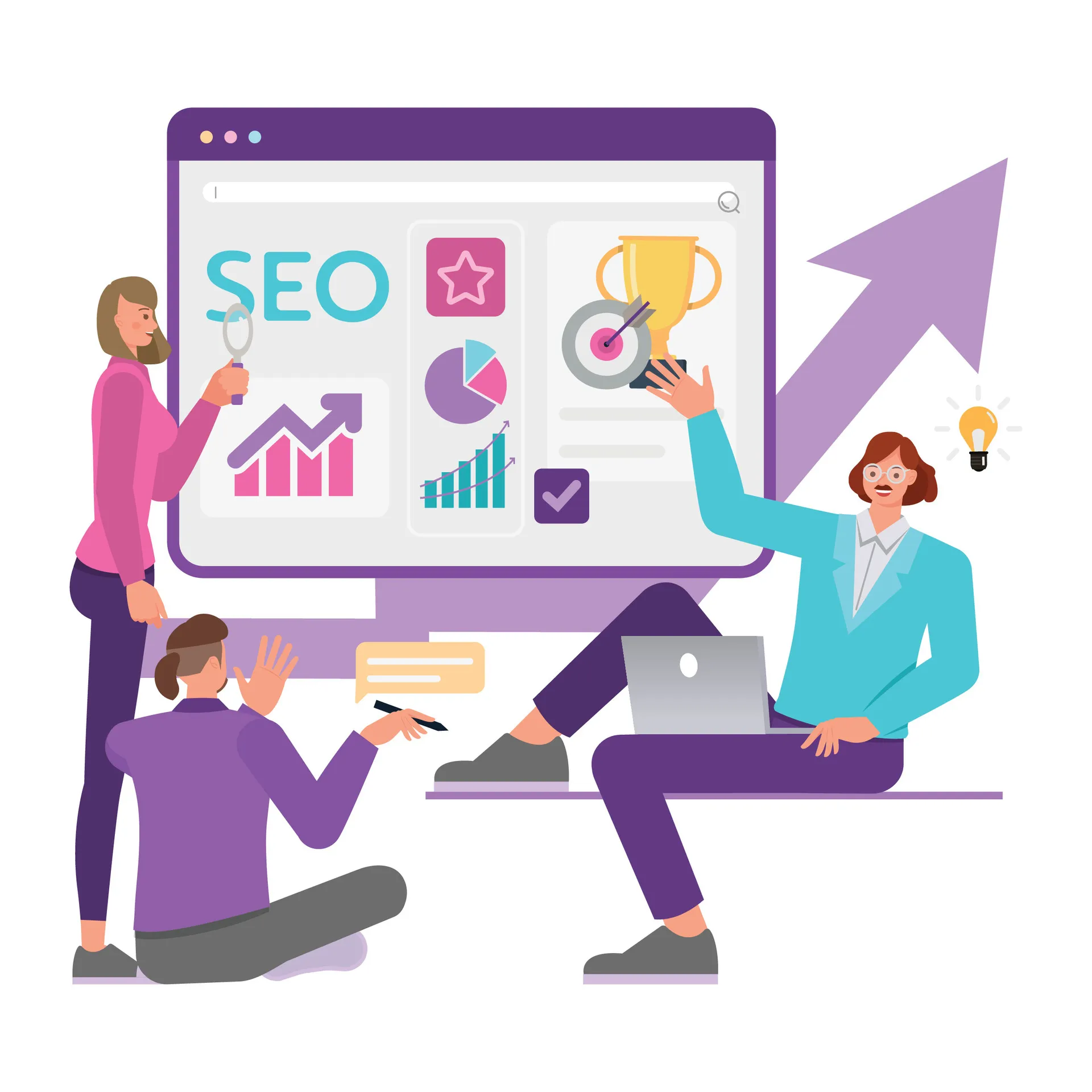Illustration eines SEO-Teams bei der Analyse von Rankings und Website-Performance