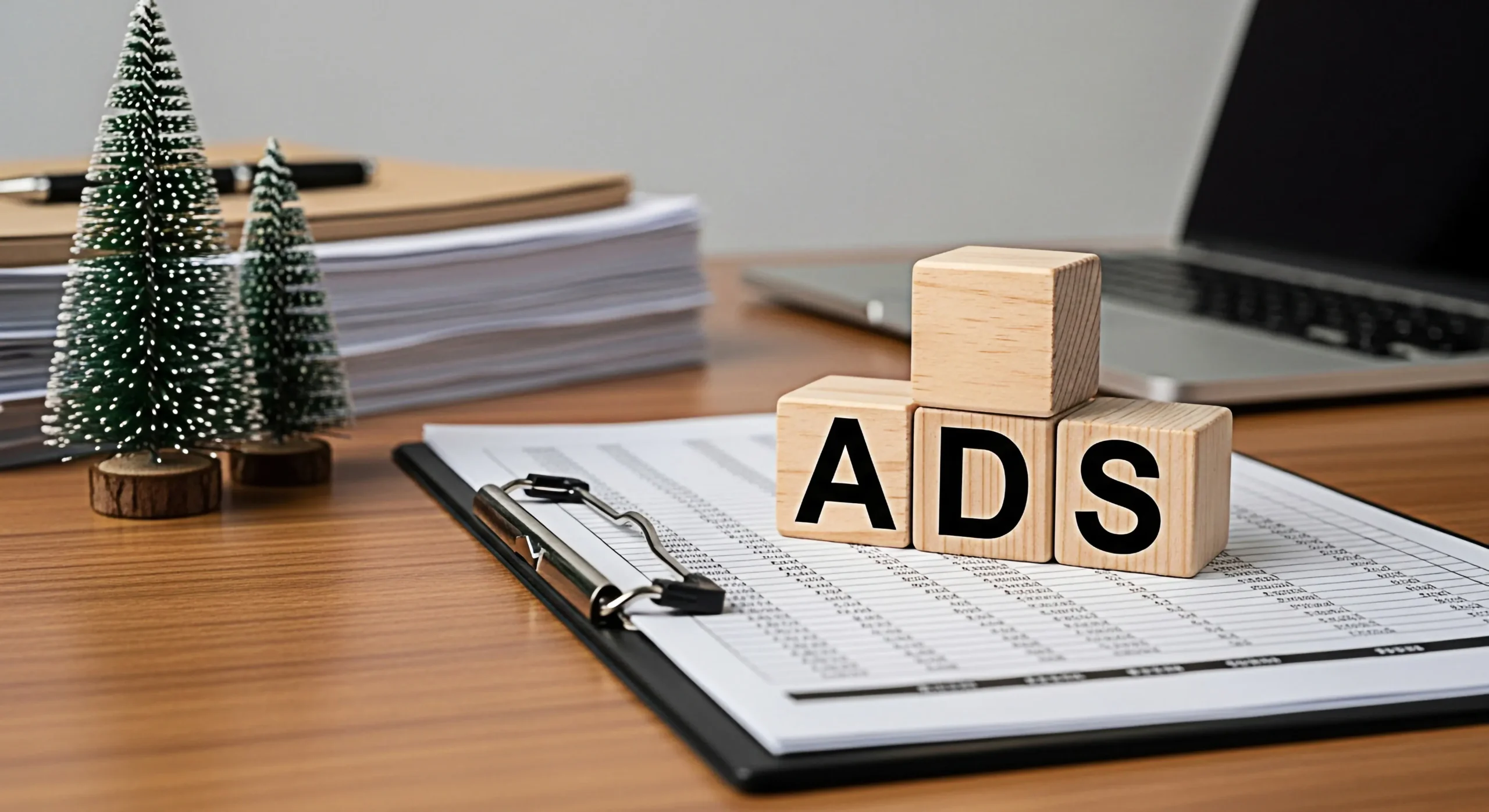 Google Ads und Werbebudget auf einem Finanzbericht